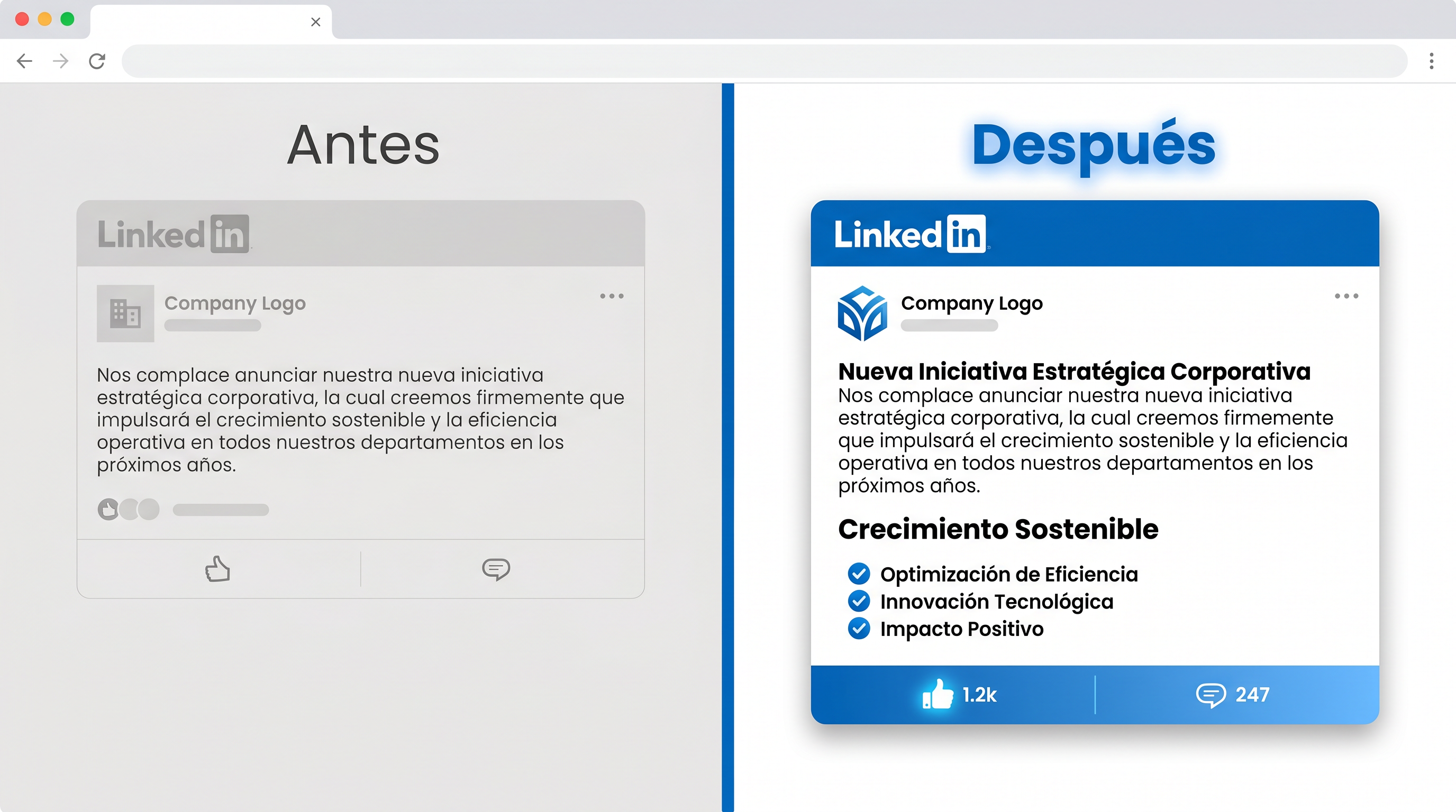 Comparación antes y después: de un post genérico a contenido con tu voz auténtica