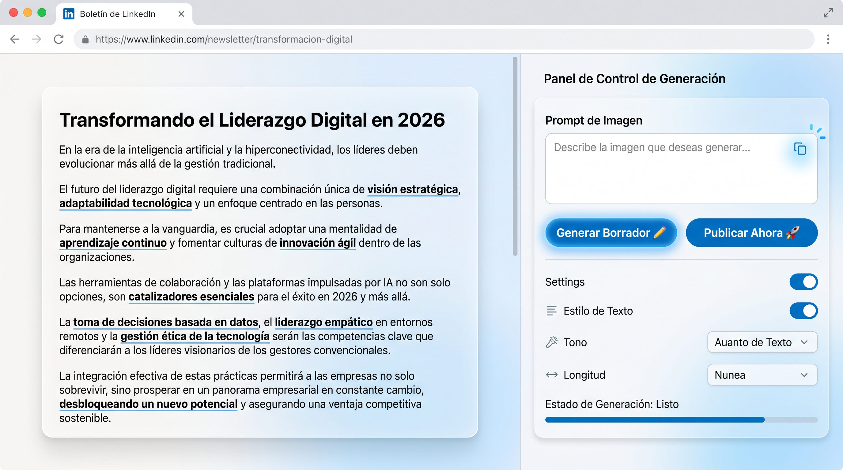 Pantalla de generación de contenido para LinkedIn con newsletter y prompt de imagen